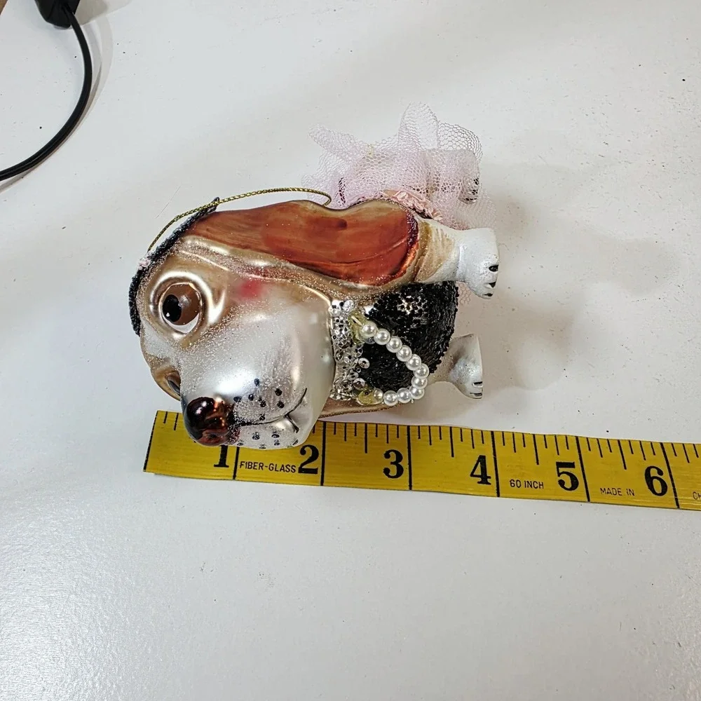 Blown Glass Hound Dog Dressed in Sequins Pink Skirt Glitter Christmas Ornament